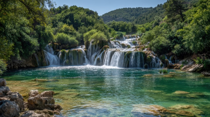 Turquoise river and waterfall